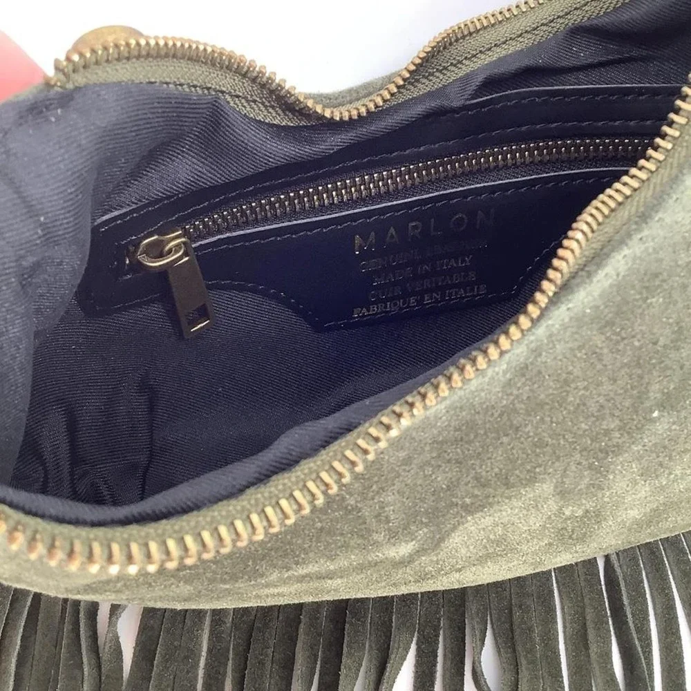 Marlon Firenze Olive Green Genuine Suede Fringe Hobo Shoulder Bag Italy NEW